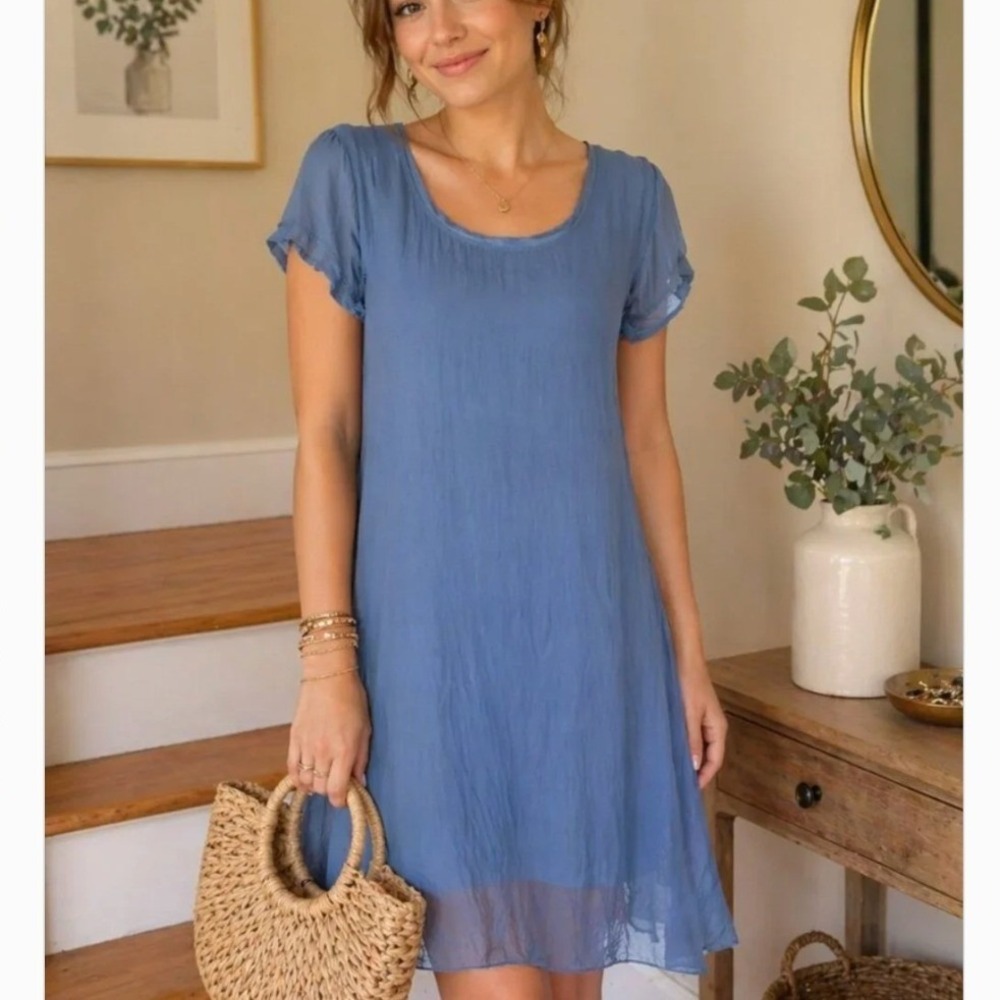 Giulia Blue Silk Lace Short Sleeve Dress SzM Ethereal Fairy Feminine
